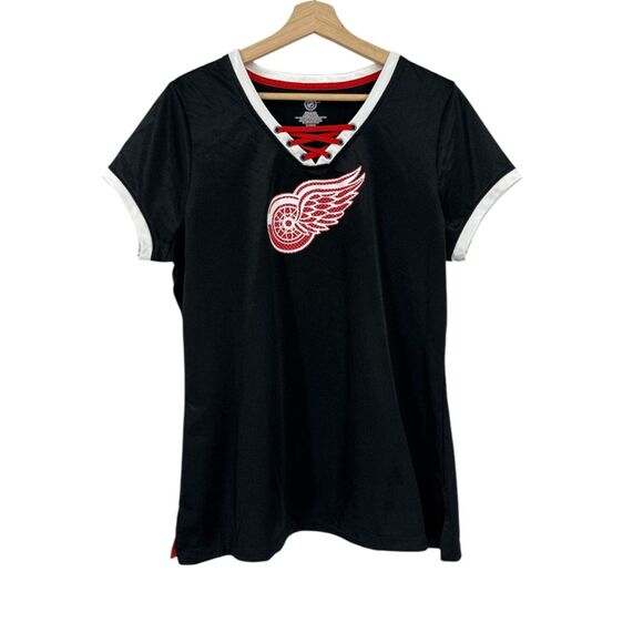 Red Wings V neck Shirt XL Women's Lace up top NHL Detroit Hockey - Picture 1 of 6